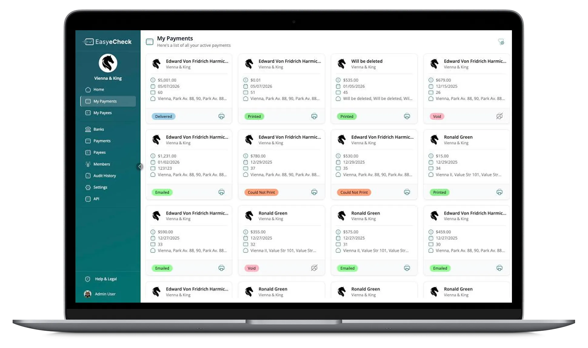The EasyECheck dashboard showing an electronic check ready to send and its delivery status